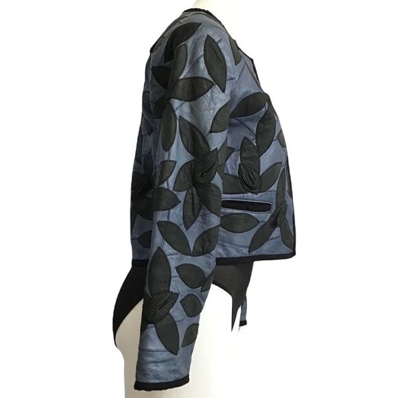 Leather Custom Made Crop Jacket Blue With Flower Petal Crew Neck Cropped Jacket - Picture 4 of 15